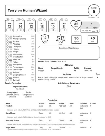The first page of a printable character sheet